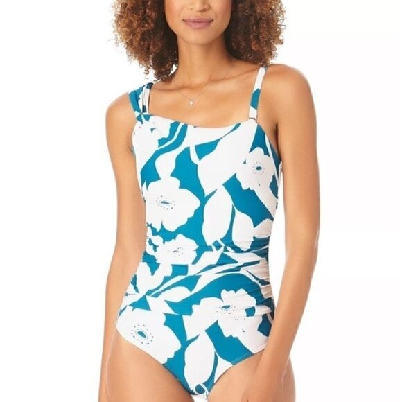 ANNE COLE Asymmetric Floral-Print One-Piece Swimsuit swimwear New TEPT size 10 - Picture 1 of 16